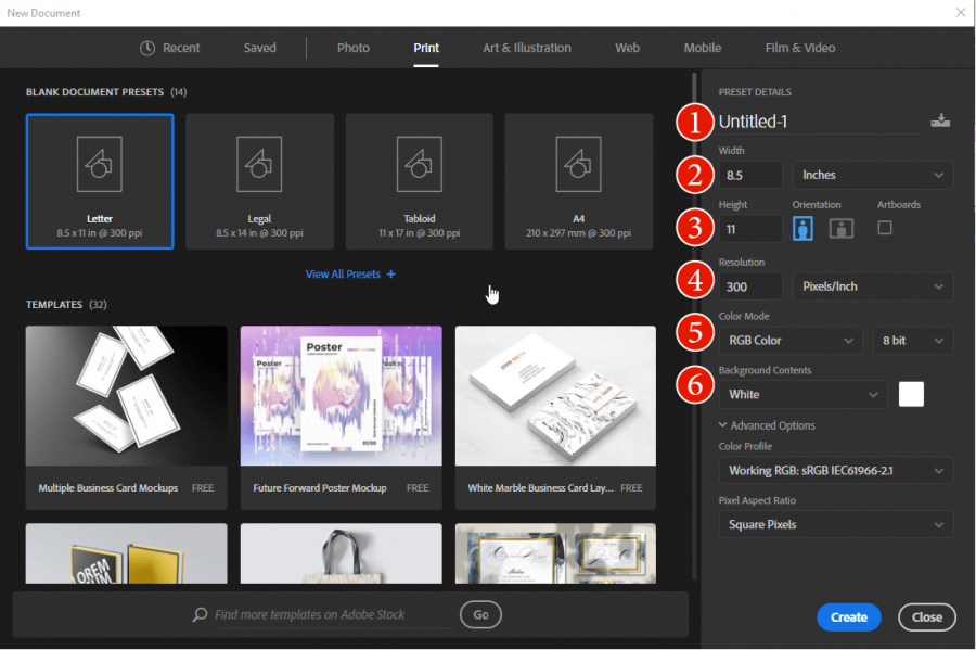 خيارات إنشاء ملف في أدوبي فوتوشوب Adobe Photoshop