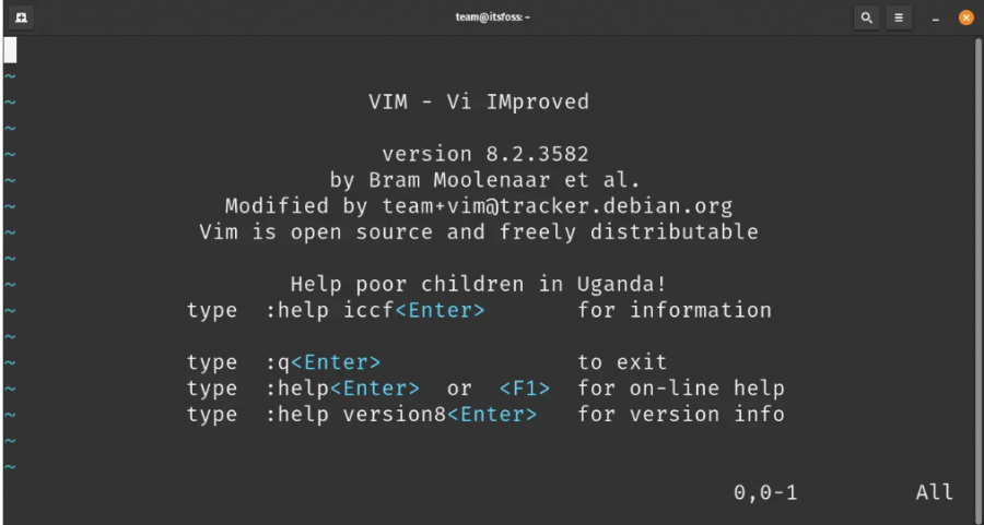 شاشة سطر الأوامر عند تشغيل Vim بلا وسطاء.PNG