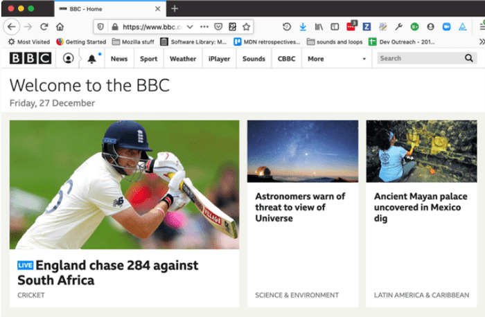 الروابط في الصفحة الرئيسية لشبكة BBC