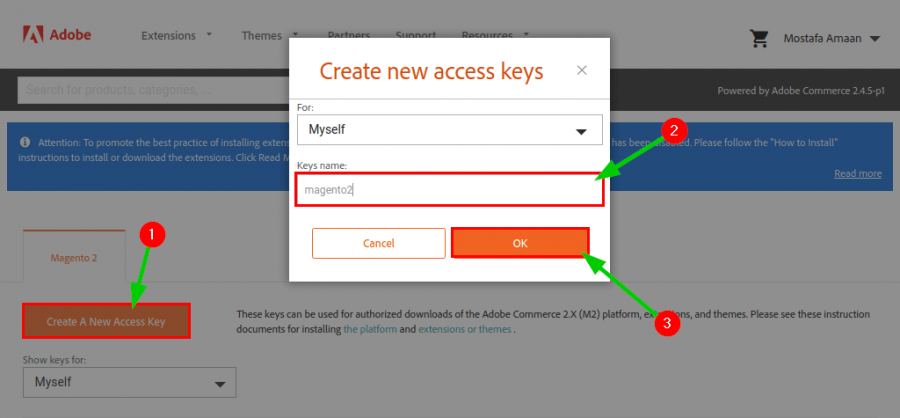 النقر على زر Create A New Access Key