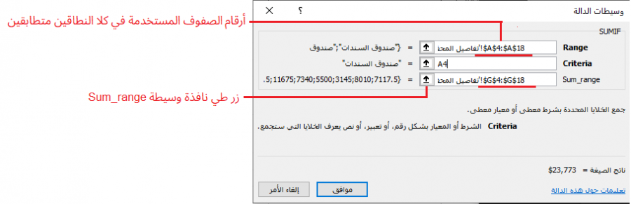 الوسائط المحددة لدالة SUMIF الأولى في ورقة عمل ملخص الملف الاستثماري