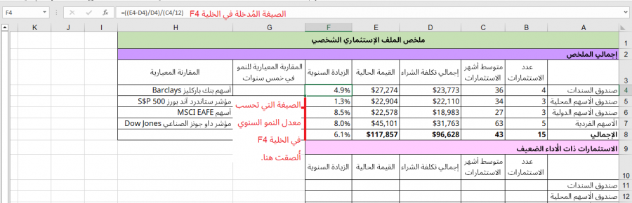 عمود الزيادة السنوية المكتمل في ورقة عمل ملخص الملف الاستثماري