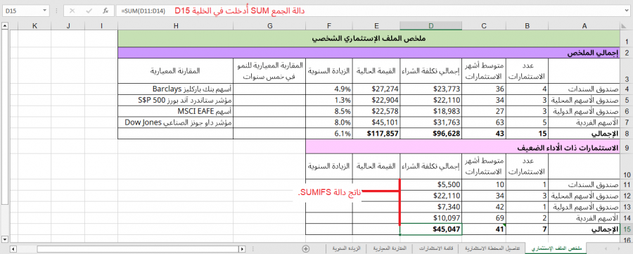 ناتج دالة SUMIFS لعمود إجمالي تكلفة الشراء