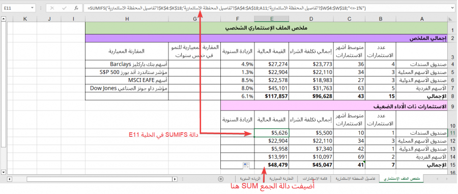 ناتج دالة SUMIFS لعمود القيمة الحالية