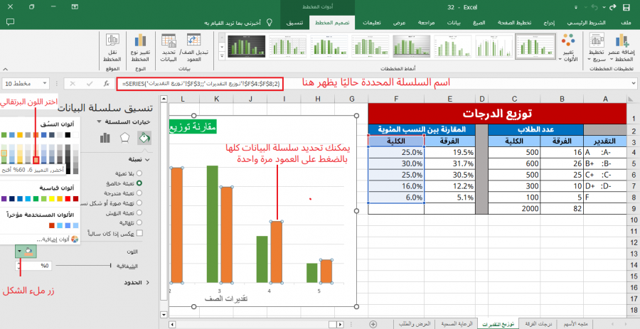 تغيير لون سلسلة البيانات في مخططات برنامج إكسل