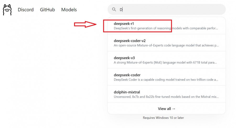 البحث عن نموذج Deepseek-r1 في أولاما Ollama