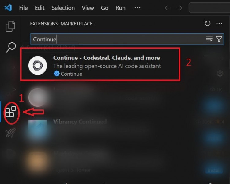 البحث عن إضافة Continue.Dev في محرر الأكواد VS Code