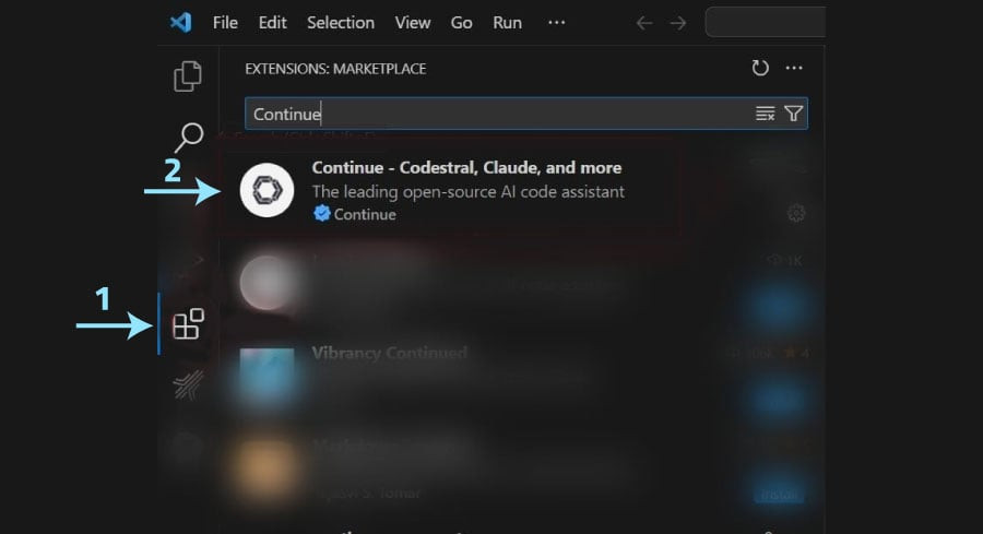 البحث عن إضافة Continue.Dev في محرر الأكواد VS Code.jpg