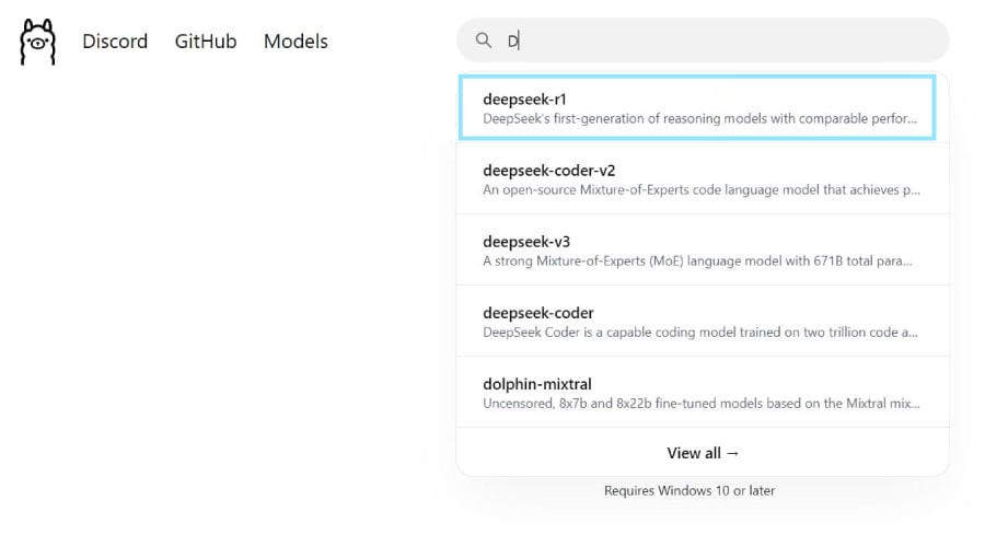 البحث عن نموذج Deepseek-r1 في أولاما Ollama.jpg