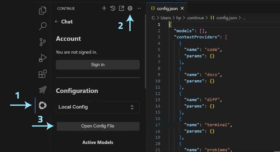 الإعدادات configuration في إضافة Continue.Dev.jpg